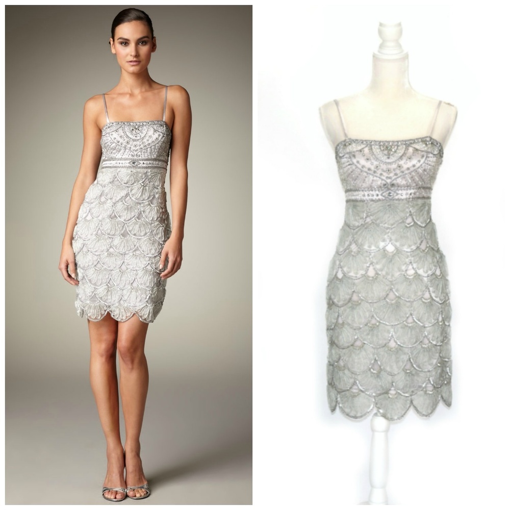 SUE WONG Silver Beaded Scalloped Cocktail Dress - Picture 1 of 8